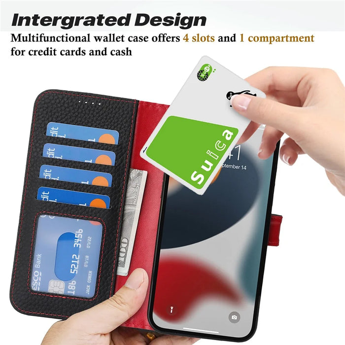 For iPhone 13 Pro Stand Case Litchi Texture Genuine Cow Leather Wallet Phone Cover RFID Blocking - Black / Red - 6