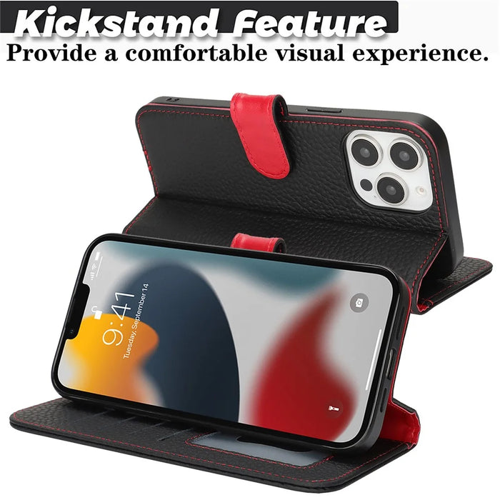 For iPhone 13 Pro Stand Case Litchi Texture Genuine Cow Leather Wallet Phone Cover RFID Blocking - Black / Red - 7