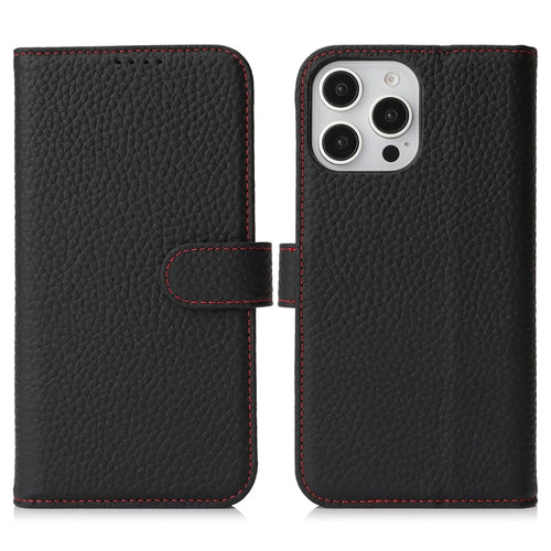 For iPhone 16 Pro Stand Case Litchi Texture Genuine Cow Leather Wallet Phone Cover RFID Blocking - Black / Red - 1