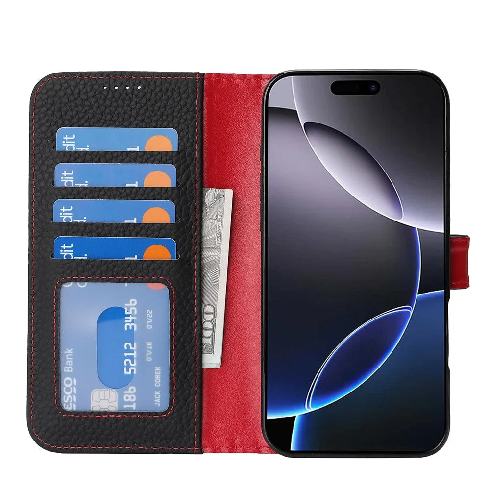 For iPhone 16 Pro Stand Case Litchi Texture Genuine Cow Leather Wallet Phone Cover RFID Blocking - Black / Red - 2