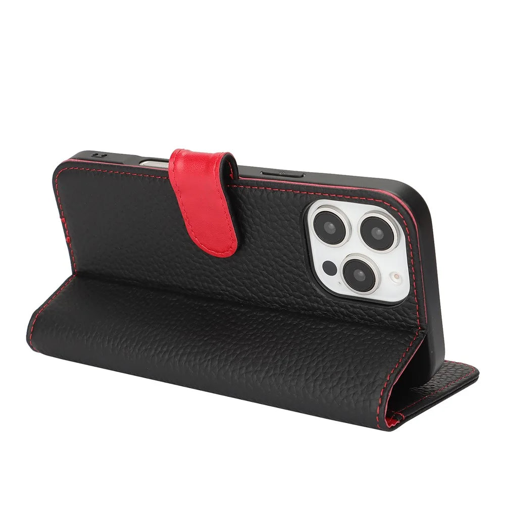For iPhone 16 Pro Stand Case Litchi Texture Genuine Cow Leather Wallet Phone Cover RFID Blocking - Black / Red - 3