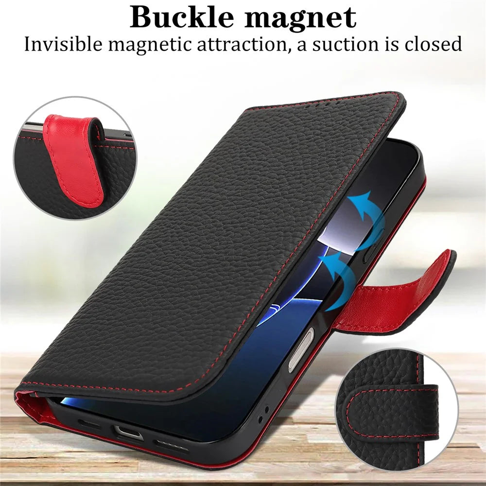 For iPhone 16 Pro Stand Case Litchi Texture Genuine Cow Leather Wallet Phone Cover RFID Blocking - Black / Red - 5