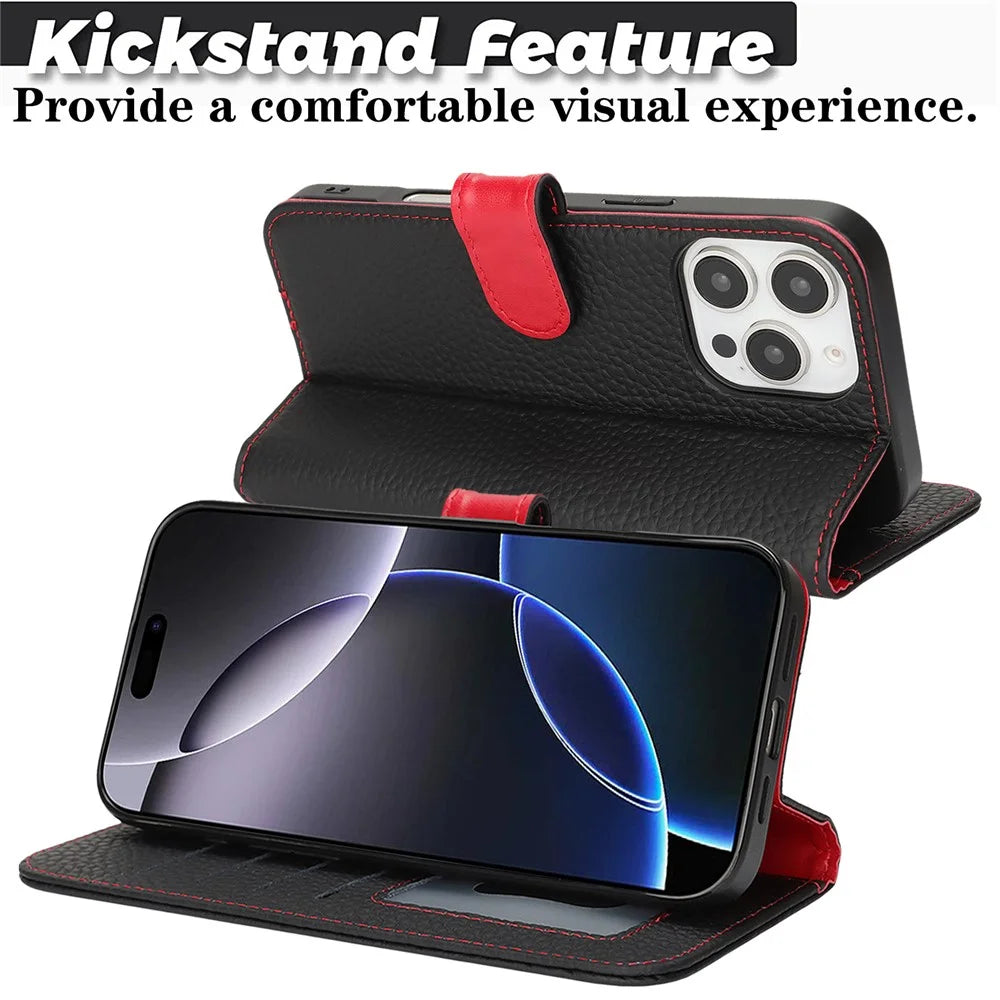 For iPhone 16 Pro Stand Case Litchi Texture Genuine Cow Leather Wallet Phone Cover RFID Blocking - Black / Red - 6