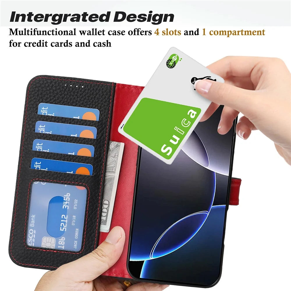 For iPhone 16 Pro Stand Case Litchi Texture Genuine Cow Leather Wallet Phone Cover RFID Blocking - Black / Red - 7