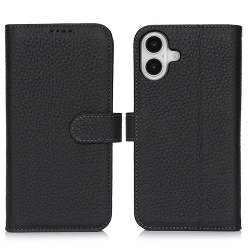 For iPhone 16 Plus Stand Case Litchi Texture Genuine Cow Leather Wallet Phone Cover RFID Blocking - Black - 1