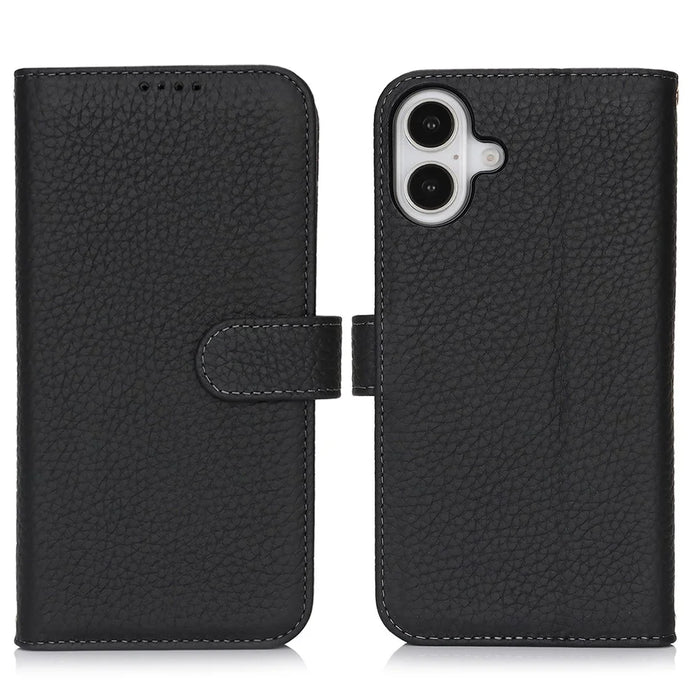 For iPhone 16 Plus Stand Case Litchi Texture Genuine Cow Leather Wallet Phone Cover RFID Blocking - Black - 1