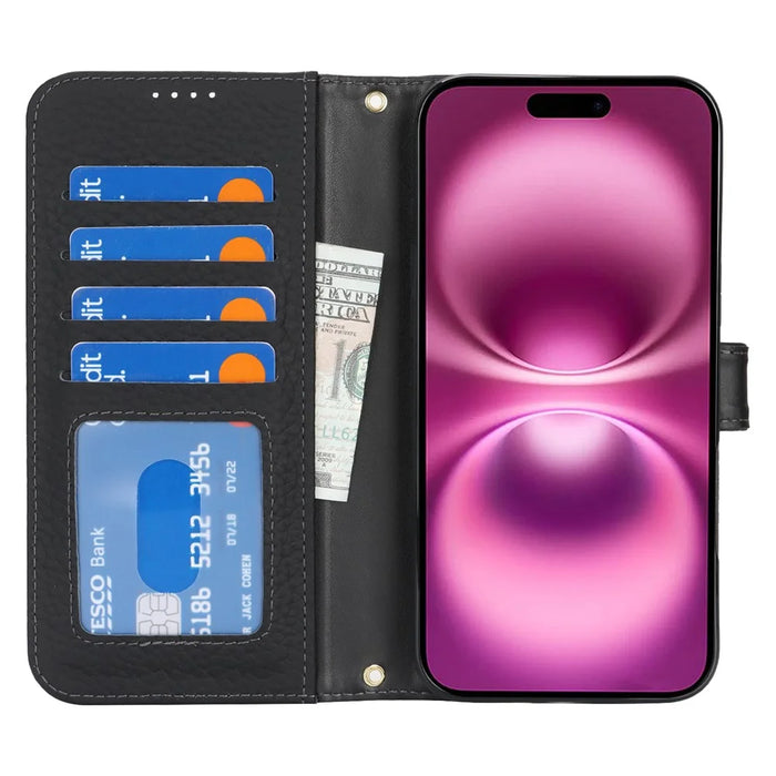 For iPhone 16 Plus Stand Case Litchi Texture Genuine Cow Leather Wallet Phone Cover RFID Blocking - Black - 2