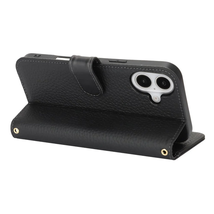 For iPhone 16 Plus Stand Case Litchi Texture Genuine Cow Leather Wallet Phone Cover RFID Blocking - Black - 4