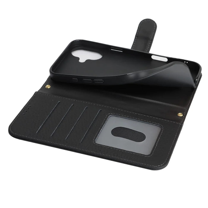 For iPhone 16 Plus Stand Case Litchi Texture Genuine Cow Leather Wallet Phone Cover RFID Blocking - Black - 5