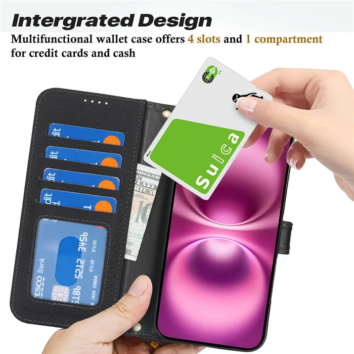 For iPhone 16 Plus Stand Case Litchi Texture Genuine Cow Leather Wallet Phone Cover RFID Blocking - Black - 6