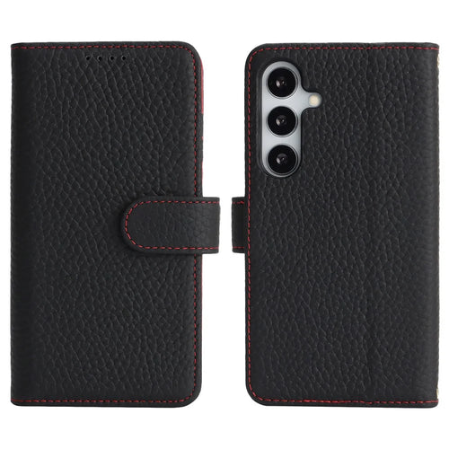 For Samsung Galaxy S25 Stand Case Litchi Texture Genuine Cow Leather Wallet Phone Cover RFID Blocking -  Black / Red - 1