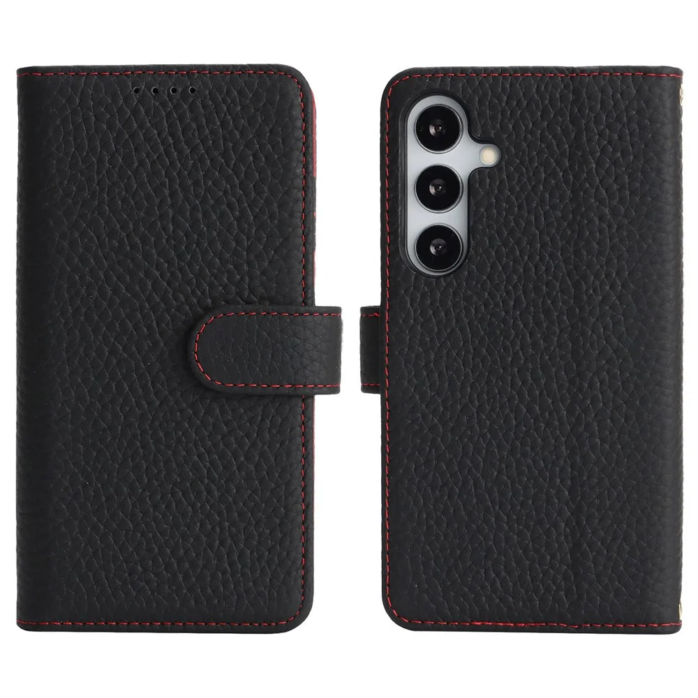 For Samsung Galaxy S25 Stand Case Litchi Texture Genuine Cow Leather Wallet Phone Cover RFID Blocking -  Black / Red - 1