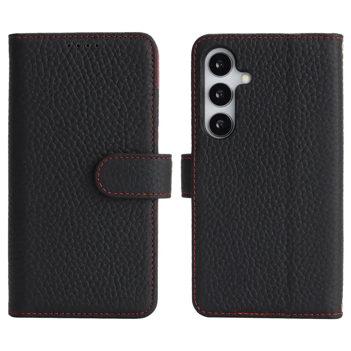 For Samsung Galaxy S25 Stand Case Litchi Texture Genuine Cow Leather Wallet Phone Cover RFID Blocking -  Black / Red - 1