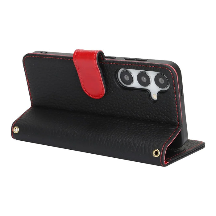 For Samsung Galaxy S25 Stand Case Litchi Texture Genuine Cow Leather Wallet Phone Cover RFID Blocking -  Black / Red - 3