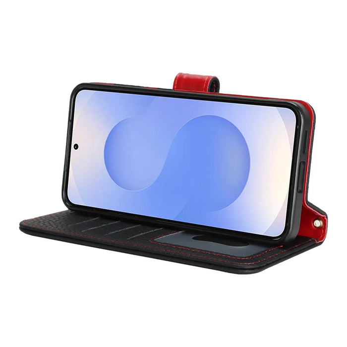 For Samsung Galaxy S25 Stand Case Litchi Texture Genuine Cow Leather Wallet Phone Cover RFID Blocking -  Black / Red - 4