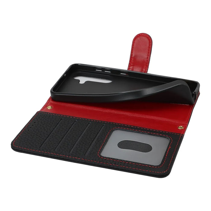 For Samsung Galaxy S25 Stand Case Litchi Texture Genuine Cow Leather Wallet Phone Cover RFID Blocking -  Black / Red - 5