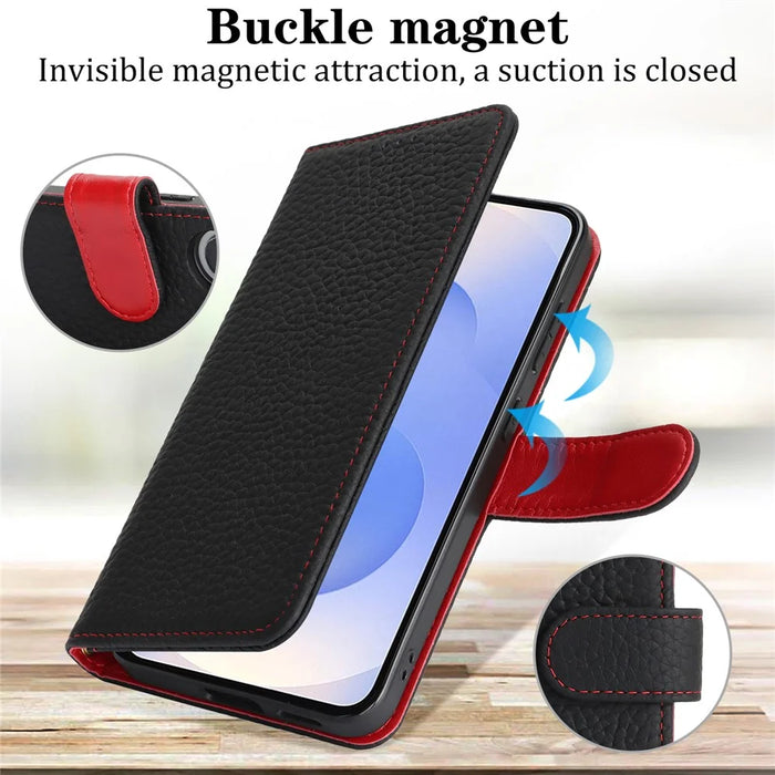 For Samsung Galaxy S25 Stand Case Litchi Texture Genuine Cow Leather Wallet Phone Cover RFID Blocking -  Black / Red - 6