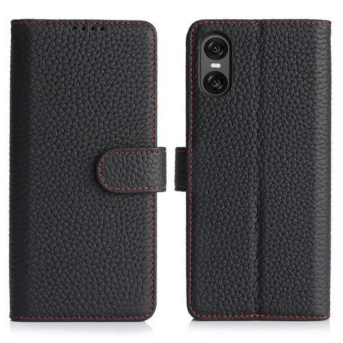 For Sony Xperia 10 VI Stand Case Litchi Texture Genuine Cow Leather Wallet Phone Cover RFID Blocking - Black / Red - 1