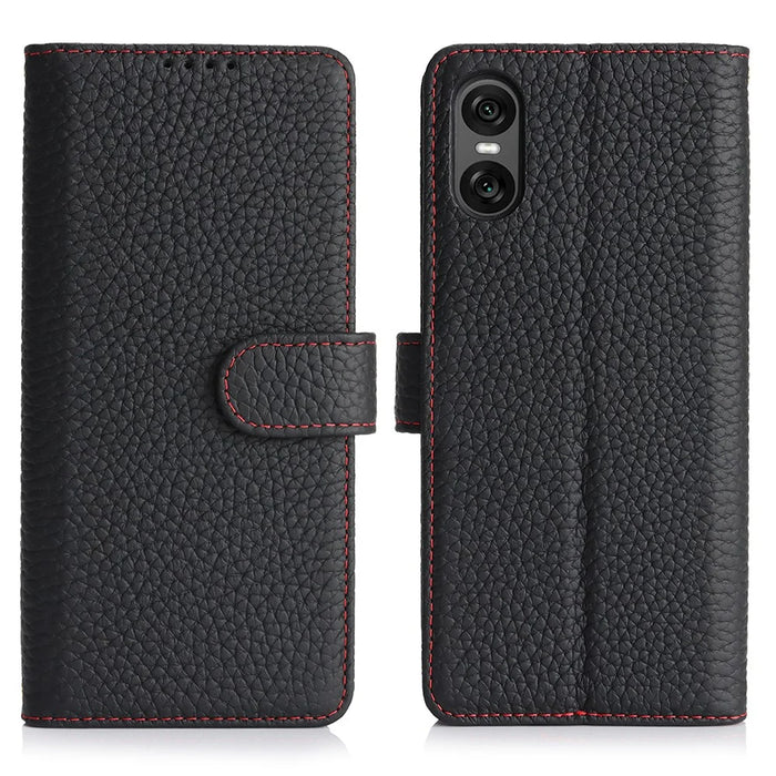 For Sony Xperia 10 VI Stand Case Litchi Texture Genuine Cow Leather Wallet Phone Cover RFID Blocking - Black / Red - 1