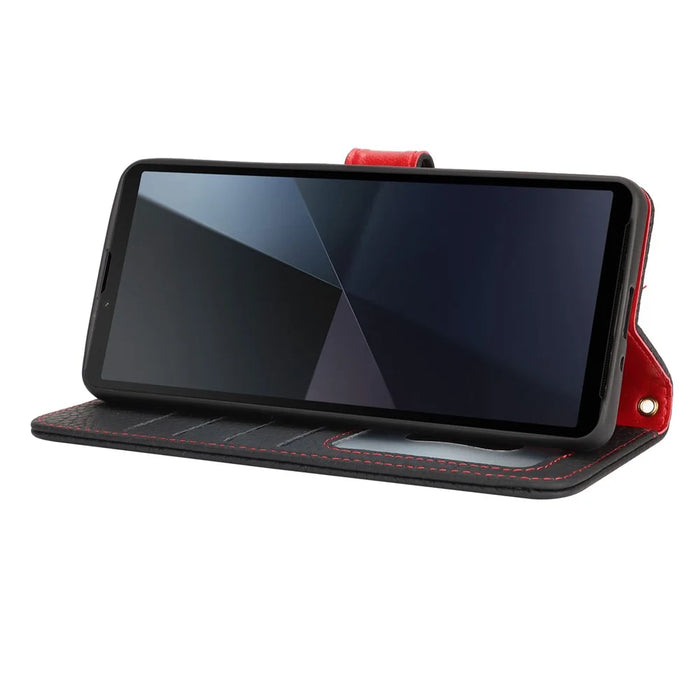 For Sony Xperia 10 VI Stand Case Litchi Texture Genuine Cow Leather Wallet Phone Cover RFID Blocking - Black / Red - 3