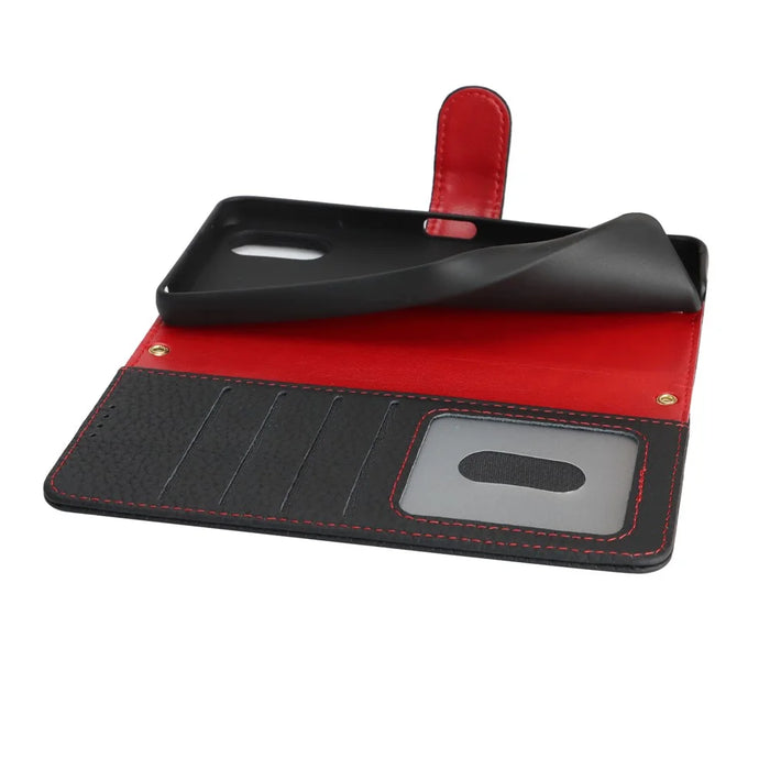 For Sony Xperia 10 VI Stand Case Litchi Texture Genuine Cow Leather Wallet Phone Cover RFID Blocking - Black / Red - 5