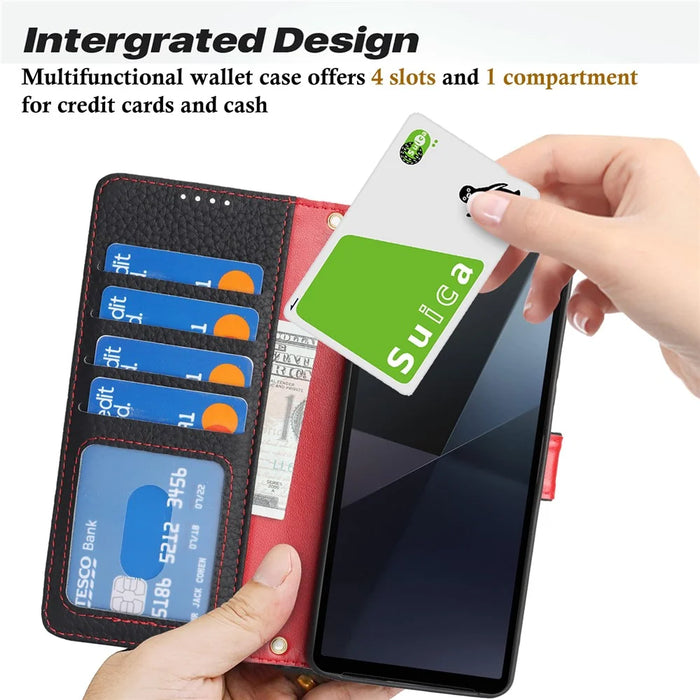 For Sony Xperia 10 VI Stand Case Litchi Texture Genuine Cow Leather Wallet Phone Cover RFID Blocking - Black / Red - 6