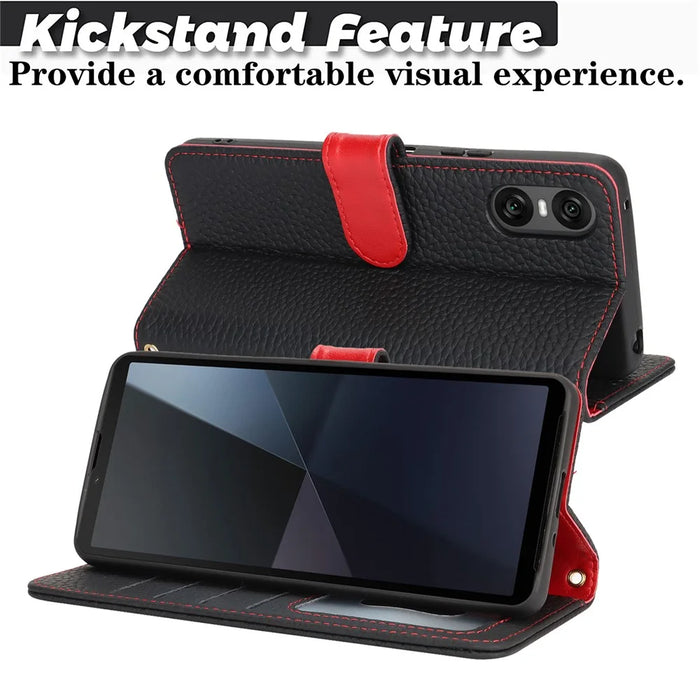For Sony Xperia 10 VI Stand Case Litchi Texture Genuine Cow Leather Wallet Phone Cover RFID Blocking - Black / Red - 7
