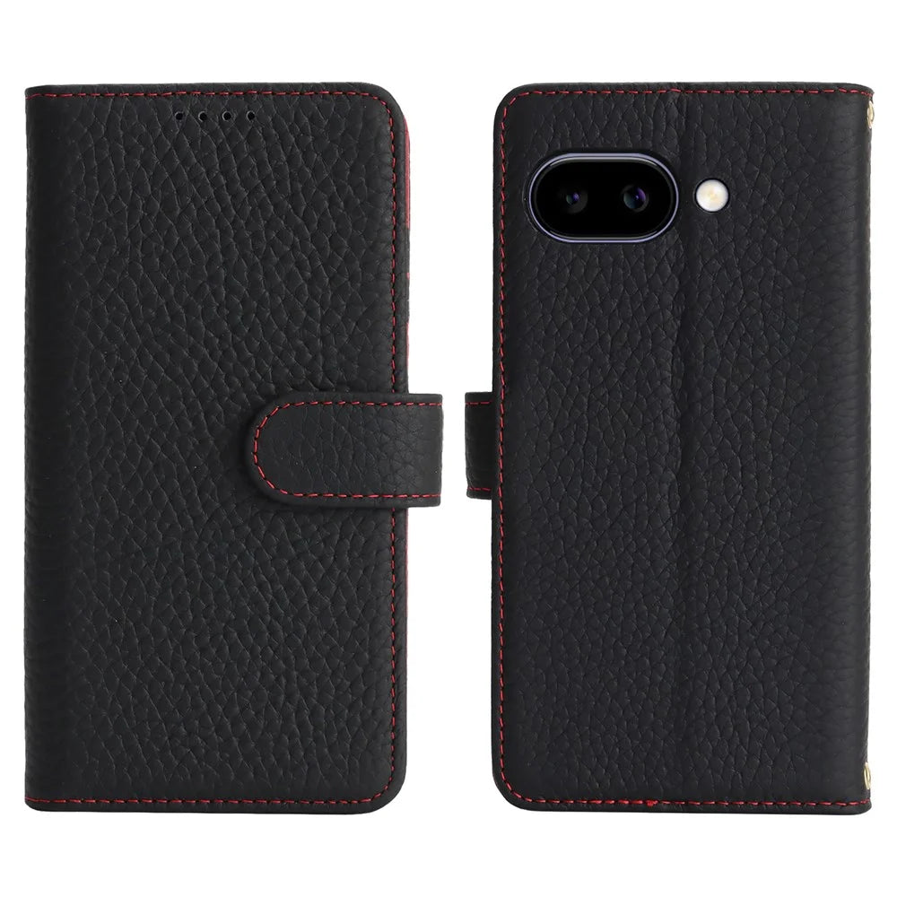 For Google Pixel 9a Stand Case Litchi Texture Genuine Cow Leather Wallet Phone Cover RFID Blocking - Black / Red - 1