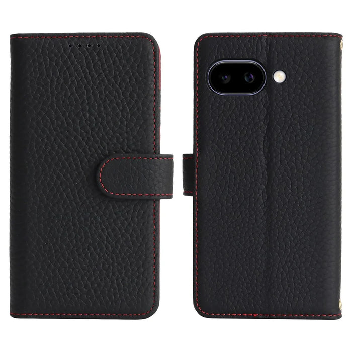 For Google Pixel 9a Stand Case Litchi Texture Genuine Cow Leather Wallet Phone Cover RFID Blocking - Black / Red - 1