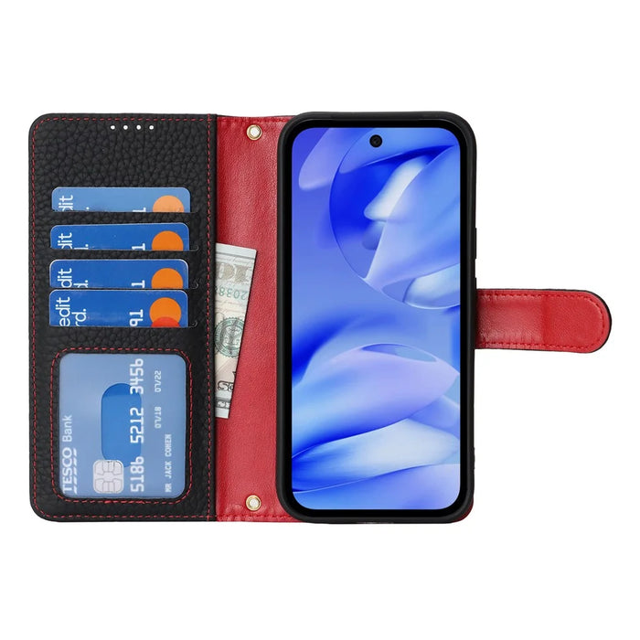 For Google Pixel 9a Stand Case Litchi Texture Genuine Cow Leather Wallet Phone Cover RFID Blocking - Black / Red - 2