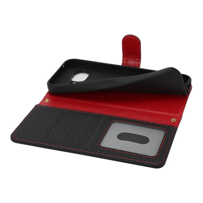 For Google Pixel 9a Stand Case Litchi Texture Genuine Cow Leather Wallet Phone Cover RFID Blocking - Black / Red - 5
