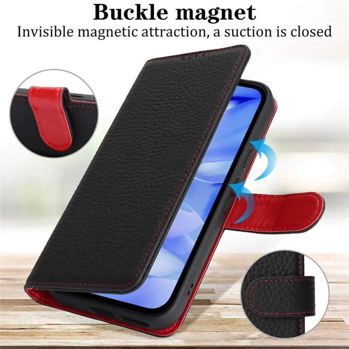 For Google Pixel 9a Stand Case Litchi Texture Genuine Cow Leather Wallet Phone Cover RFID Blocking - Black / Red - 6