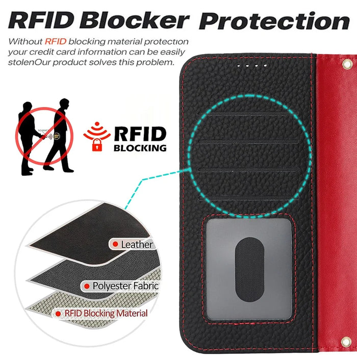For Google Pixel 9a Stand Case Litchi Texture Genuine Cow Leather Wallet Phone Cover RFID Blocking - Black / Red - 7