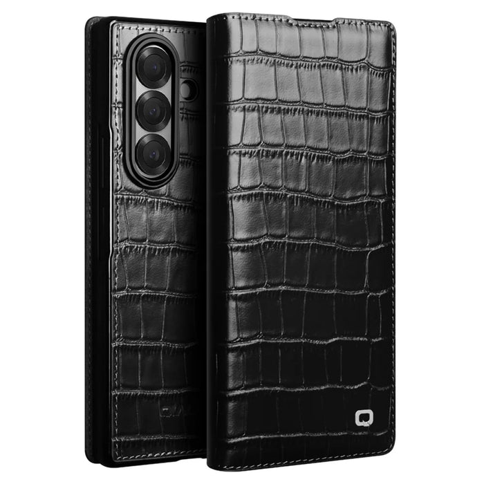 QIALINO For Samsung Galaxy Z Fold7 5G Case Crocodile Texture Genuine Cow Leather Flip Phone Cover - Black - 1