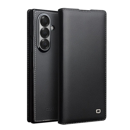 QIALINO For Samsung Galaxy Z Fold7 5G Case Genuine Cow Leather Flip Phone Cover, Black - 1