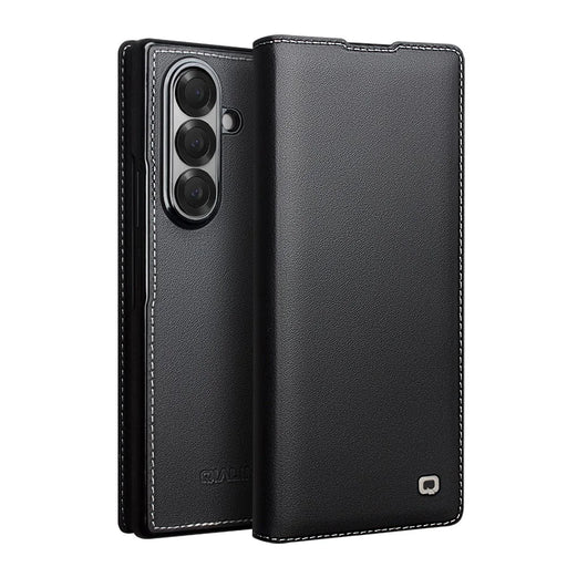 QIALINO For Samsung Galaxy Z Fold7 5G Case Genuine Cow Leather Flip Phone Cover, Black - 1