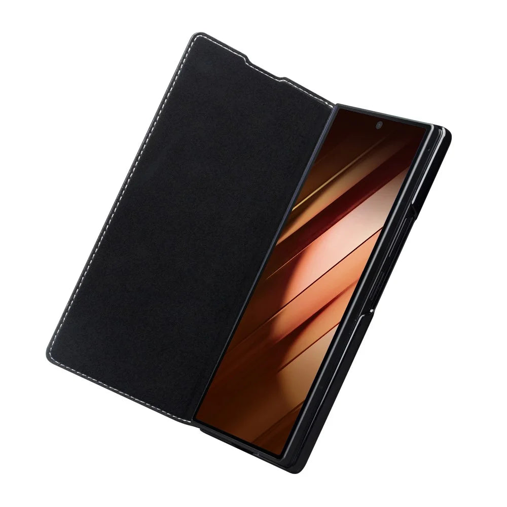 QIALINO For Samsung Galaxy Z Fold7 5G Case Genuine Cow Leather Flip Phone Cover, Black - 2