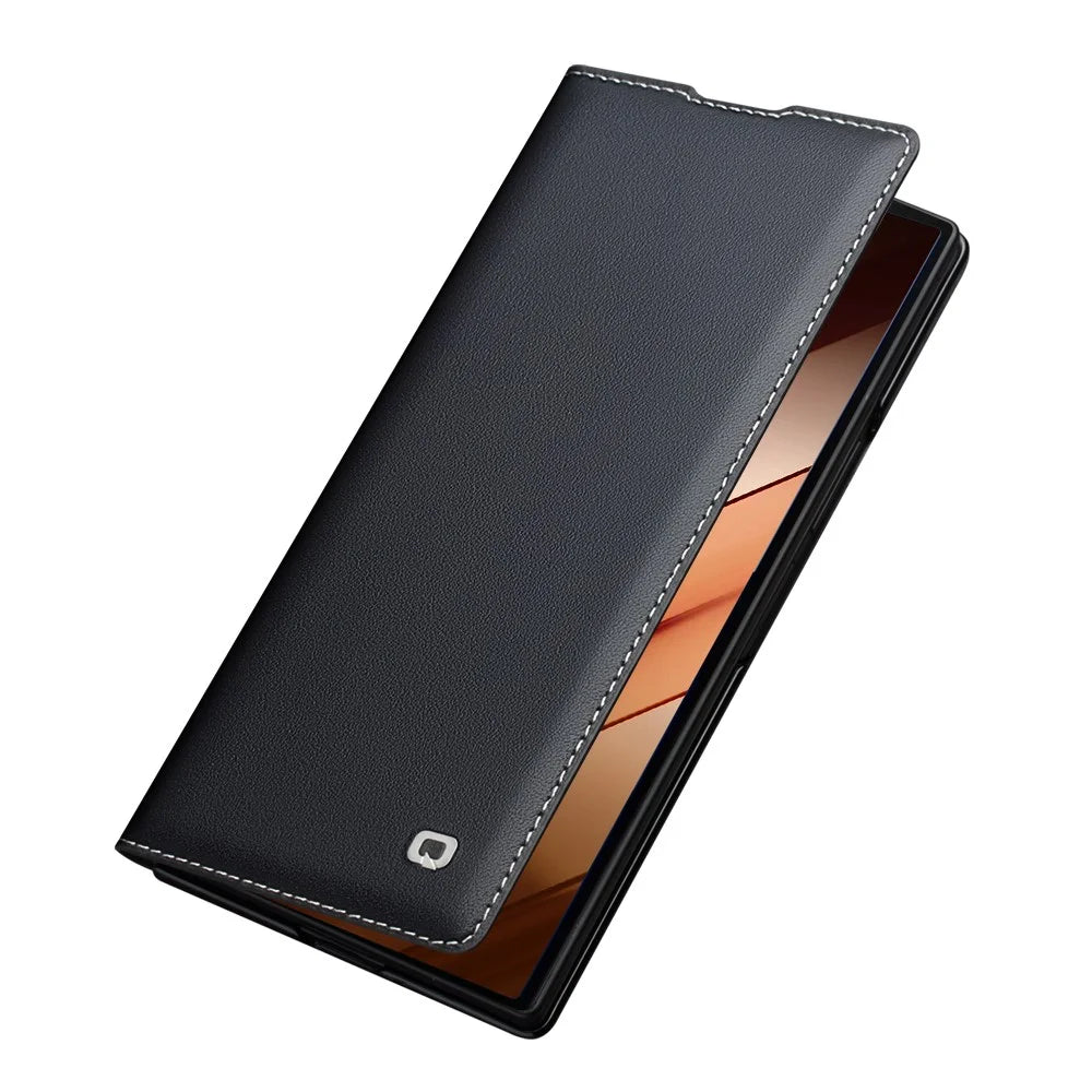 QIALINO For Samsung Galaxy Z Fold7 5G Case Genuine Cow Leather Flip Phone Cover, Black - 3