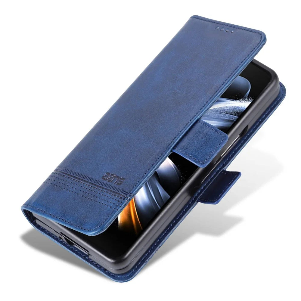 AZNS For Samsung Galaxy Z Fold3 5G Cowhide Texture Wallet Phone Case PU Leather Full Protection Dual Magnetic Clasp Cover - Blue - 6