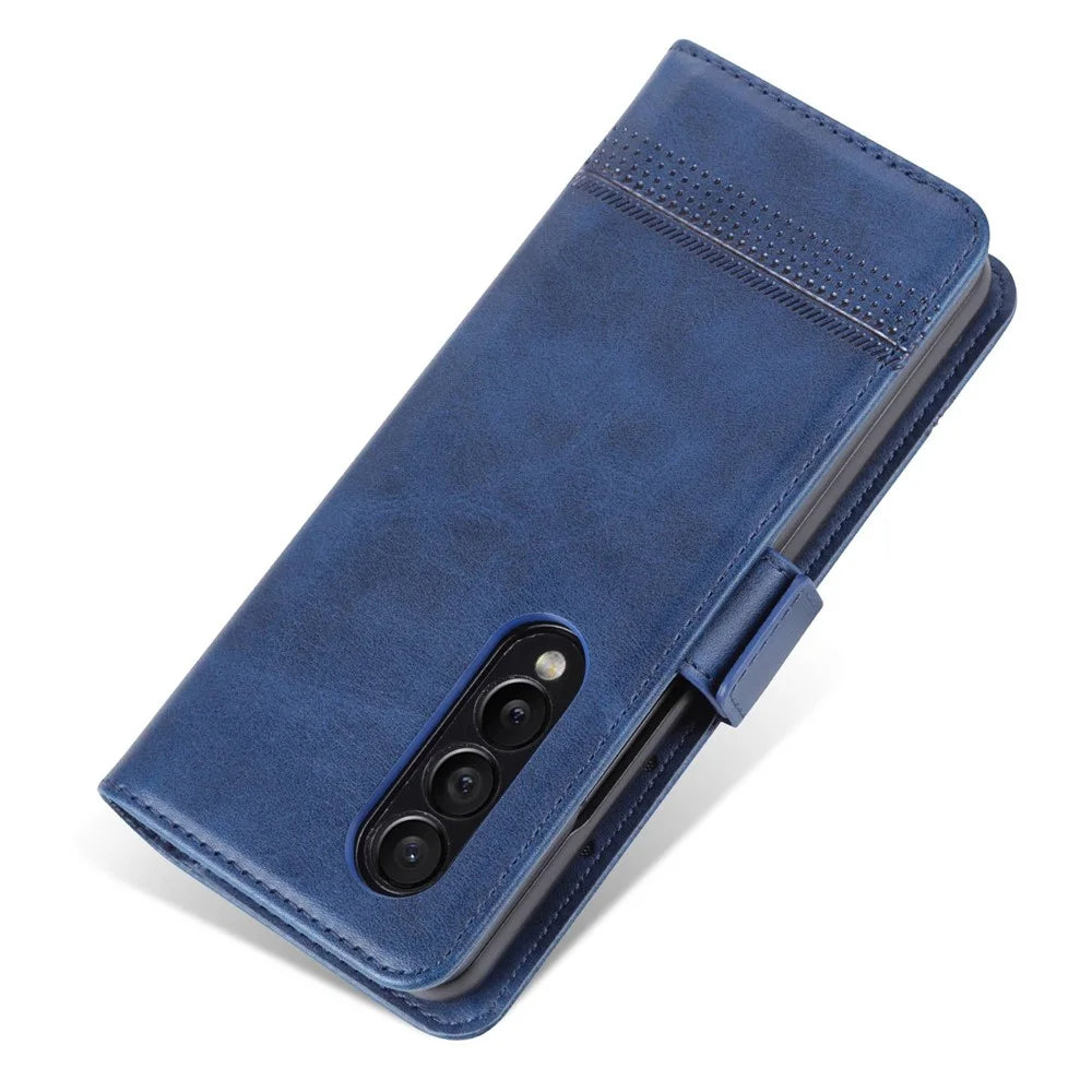 AZNS For Samsung Galaxy Z Fold3 5G Cowhide Texture Wallet Phone Case PU Leather Full Protection Dual Magnetic Clasp Cover - Blue - 7