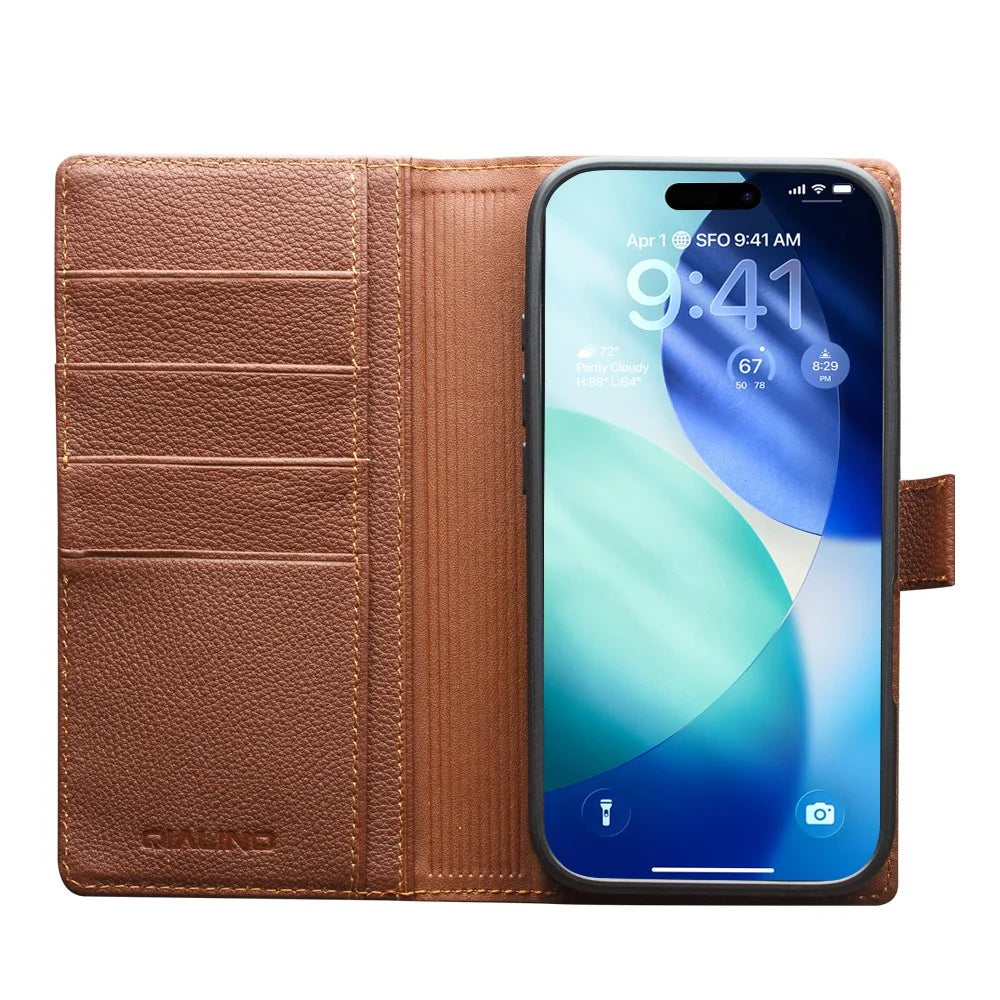 QIALINO For iPhone 17 Pro Max Detachable Wallet Case Compatible with MagSafe Genuine Cow Leather Phone Cover - Brown - 2