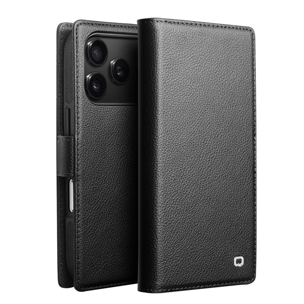 QIALINO For iPhone 17 Pro Case Compatible with MagSafe Detachable Genuine Cow Leather Wallet Phone Cover - Black - 1