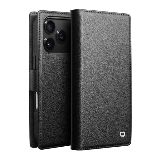 QIALINO For iPhone 17 Pro Case Compatible with MagSafe Detachable Genuine Cow Leather Wallet Phone Cover - Black - 1