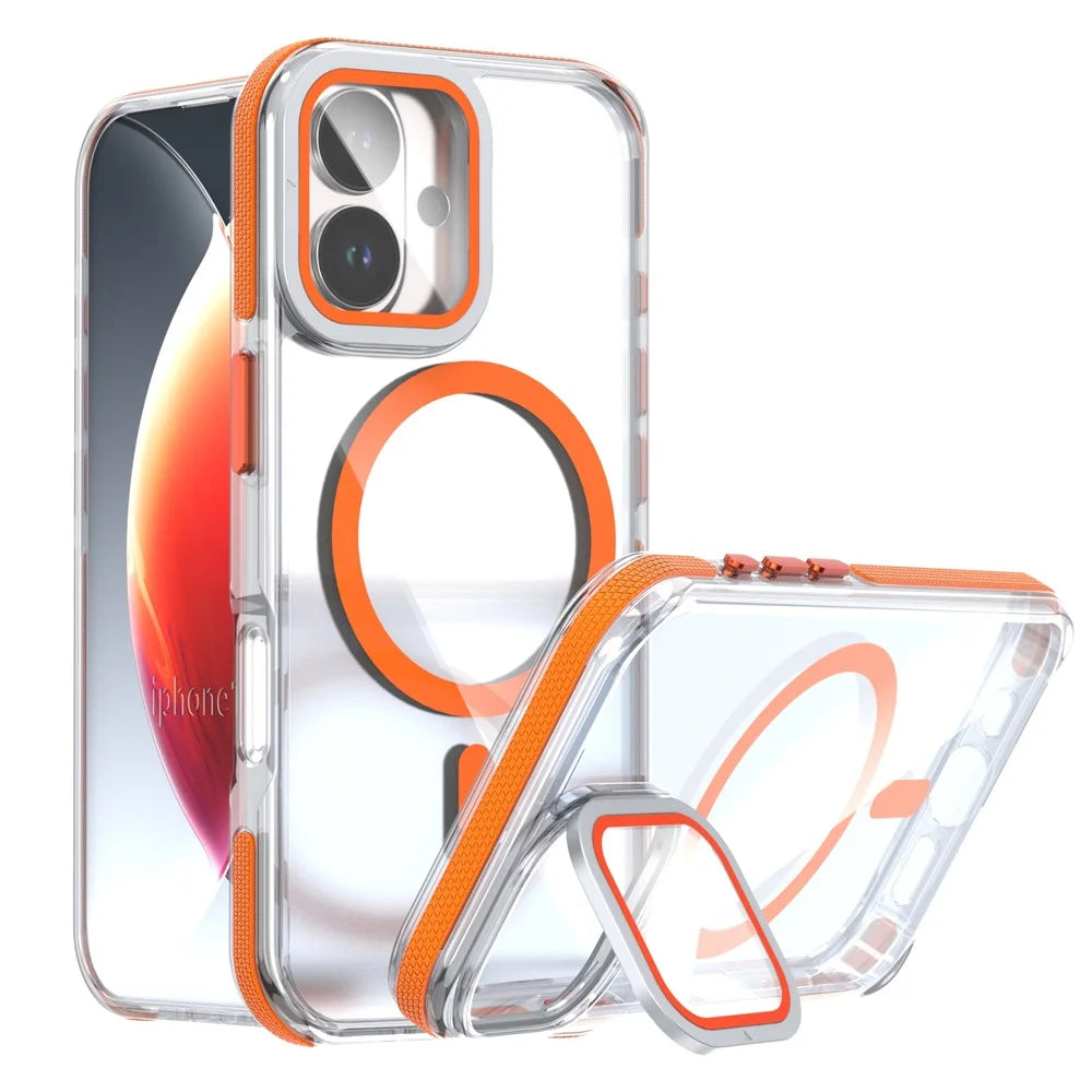 For iPhone 17 Magnetic Case TPU Acrylic Clear Phone Back Cover with Lens Protector Kickstand - Orange - 1