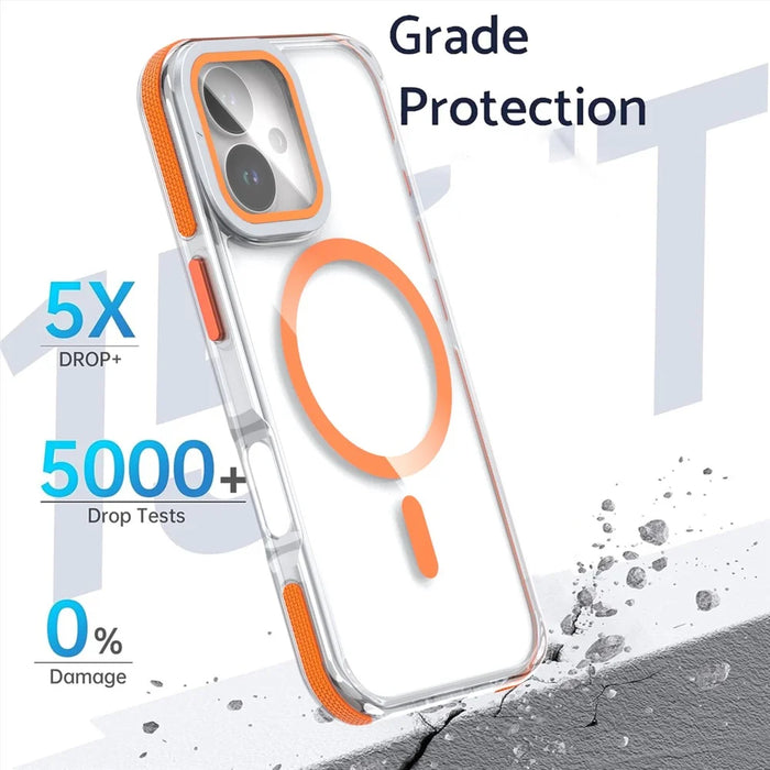 For iPhone 17 Magnetic Case TPU Acrylic Clear Phone Back Cover with Lens Protector Kickstand - Orange - 4