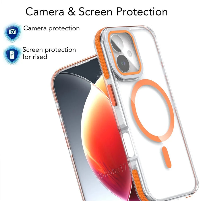 For iPhone 17 Magnetic Case TPU Acrylic Clear Phone Back Cover with Lens Protector Kickstand - Orange - 5