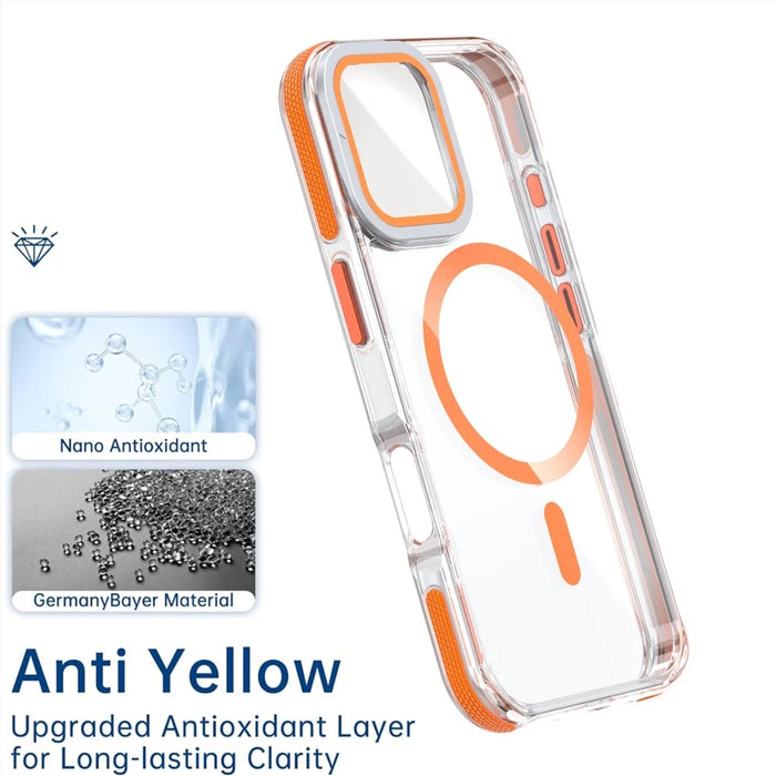 For iPhone 17 Magnetic Case TPU Acrylic Clear Phone Back Cover with Lens Protector Kickstand - Orange - 6