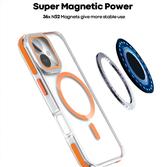 For iPhone 17 Magnetic Case TPU Acrylic Clear Phone Back Cover with Lens Protector Kickstand - Orange - 7