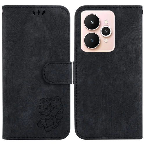 For Realme 15 Pro 5G  /  15 5G Wallet Case Tiger Imprint Leather Shockproof Phone Cover with Wrist Strap - Black - 1