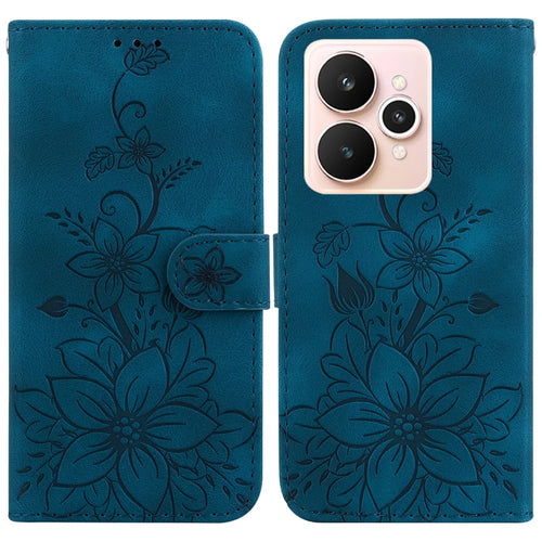 For Realme 15 Pro 5G  /  15 5G Stand Case Lily Flower Imprint Leather Phone Cover with Wrist Strap - Dark Blue - 1